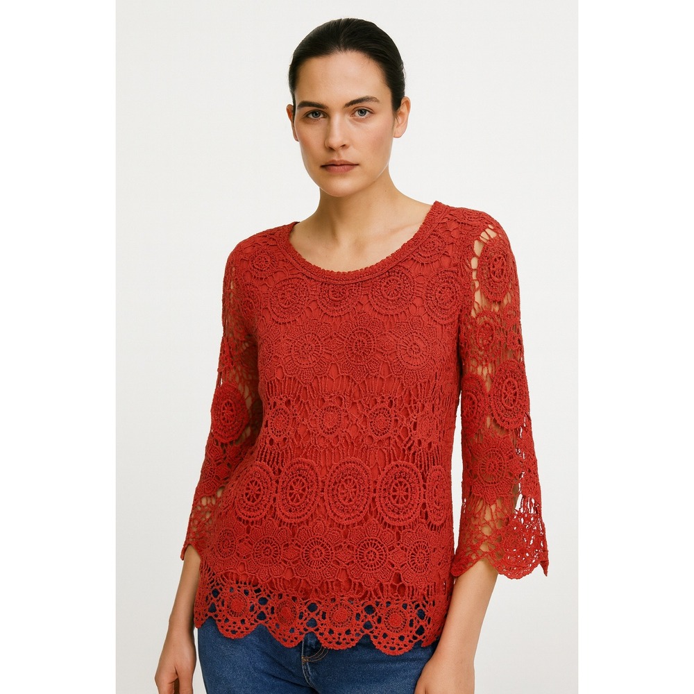 Solitaire Pink Medallion Crochet Bell Sleeve Top‎ Boho Scalloped Hem Size Medium